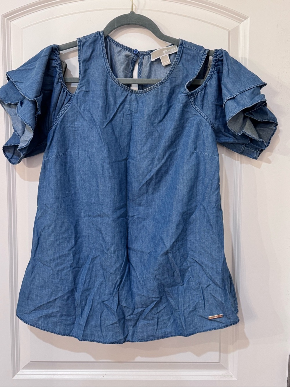 Michael Kors Blue Cold-Shoulder Ruffle Denim Top